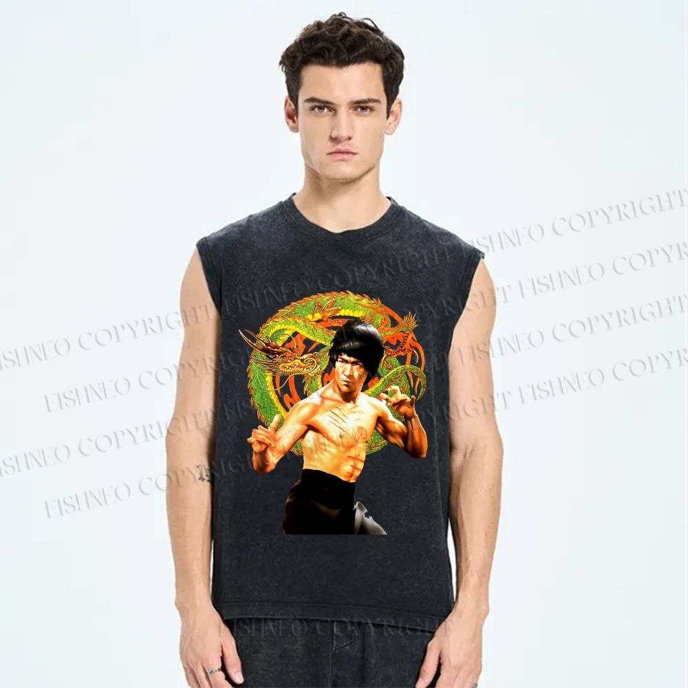 Unisex Bruce Lee Dargon Printed Washed Tank Top