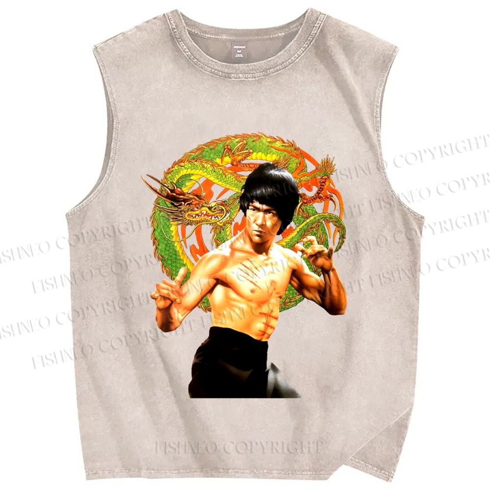 Unisex Bruce Lee Dargon Printed Washed Tank Top