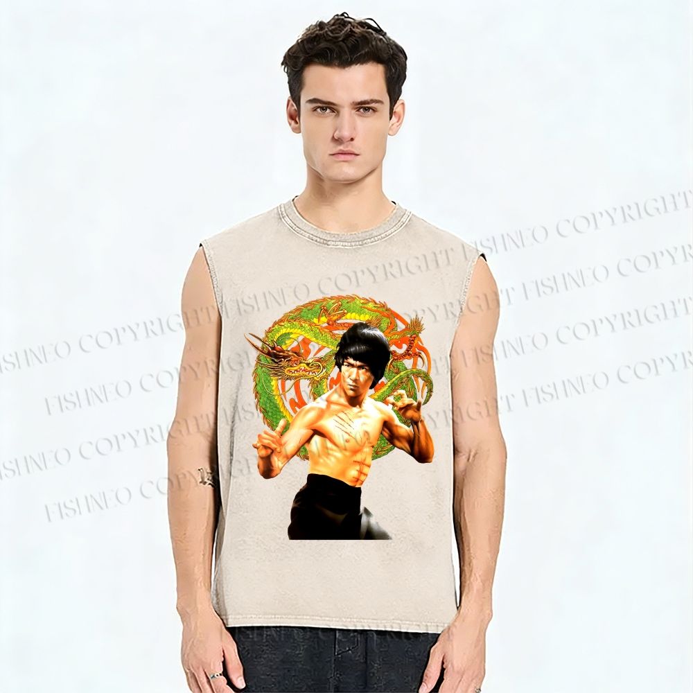 Unisex Bruce Lee Dargon Printed Washed Tank Top