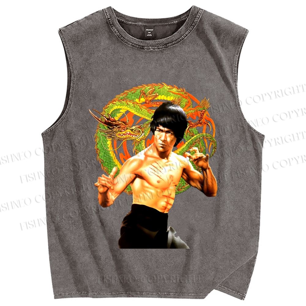Unisex Bruce Lee Dargon Printed Washed Tank Top