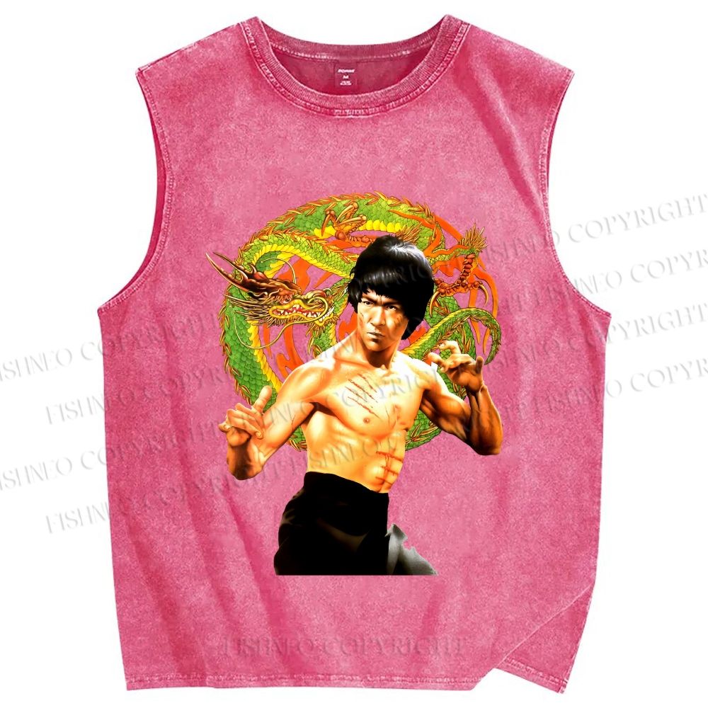 Unisex Bruce Lee Dargon Printed Washed Tank Top