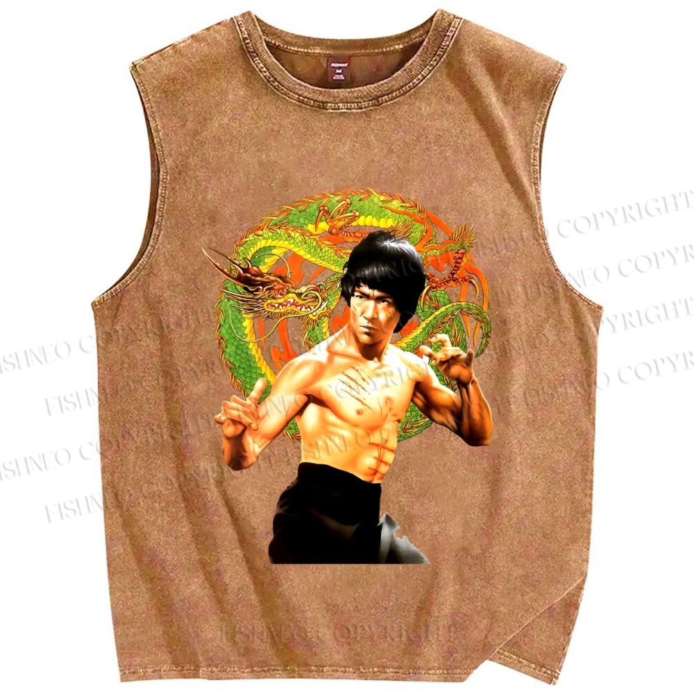 Unisex Bruce Lee Dargon Printed Washed Tank Top