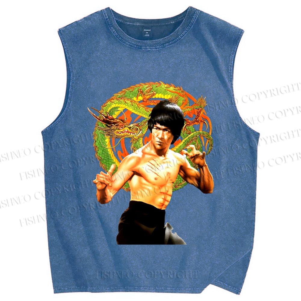 Unisex Bruce Lee Dargon Printed Washed Tank Top
