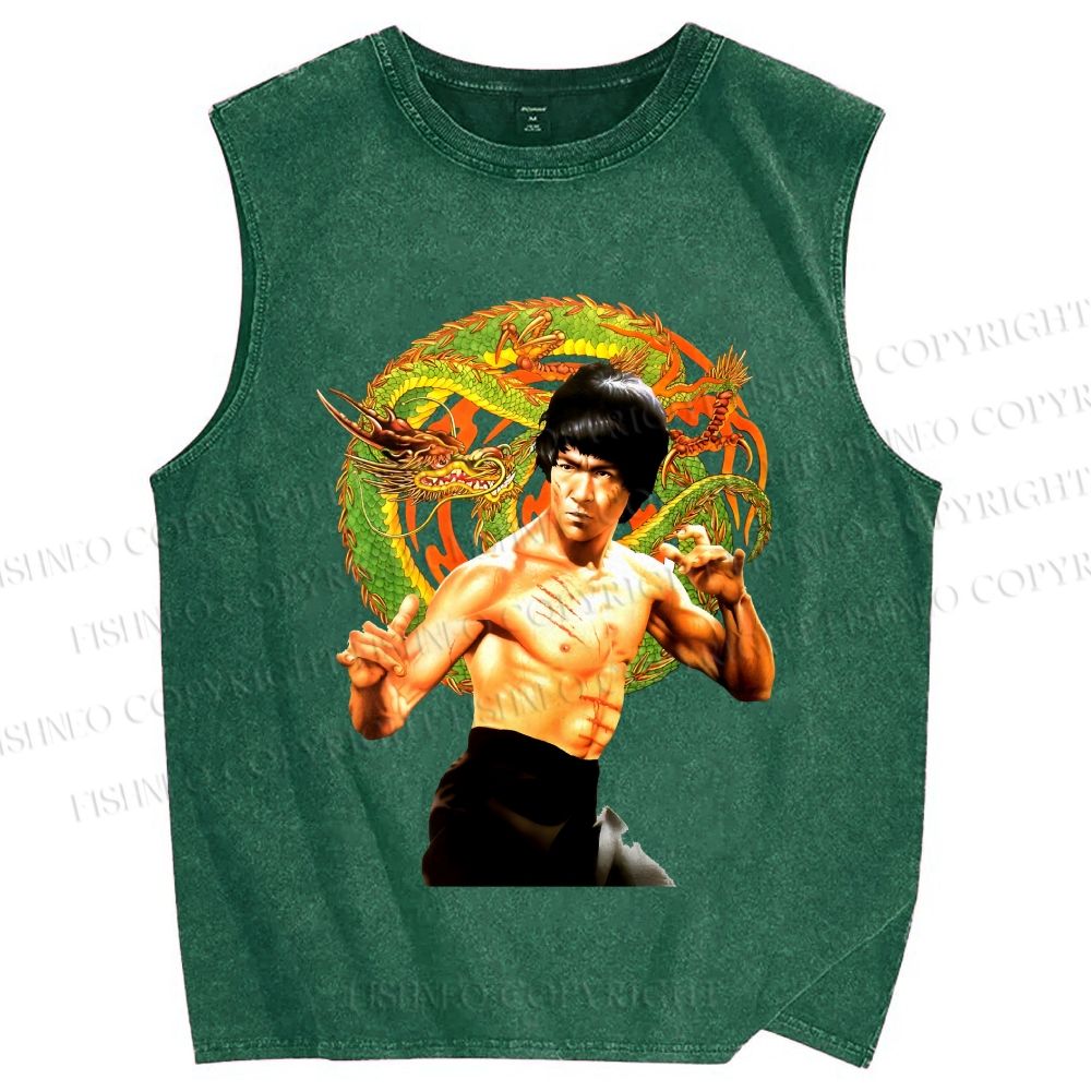 Unisex Bruce Lee Dargon Printed Washed Tank Top