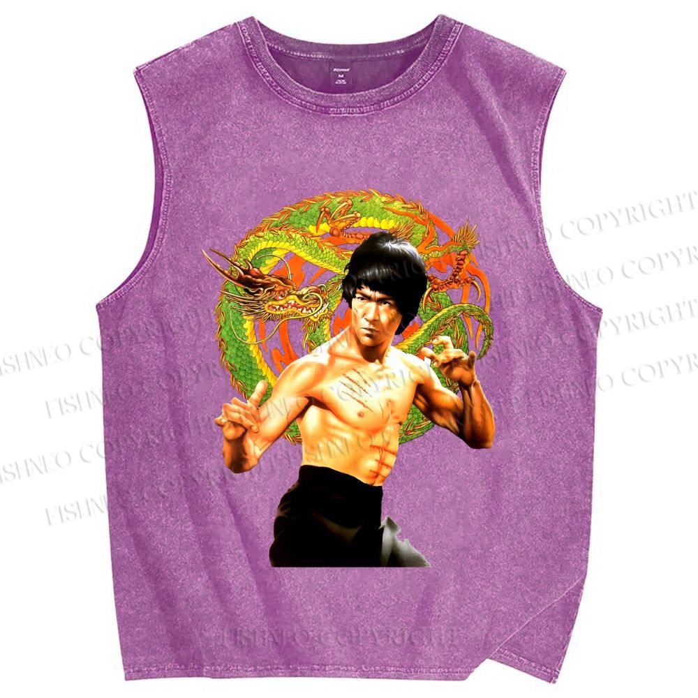 Unisex Bruce Lee Dargon Printed Washed Tank Top