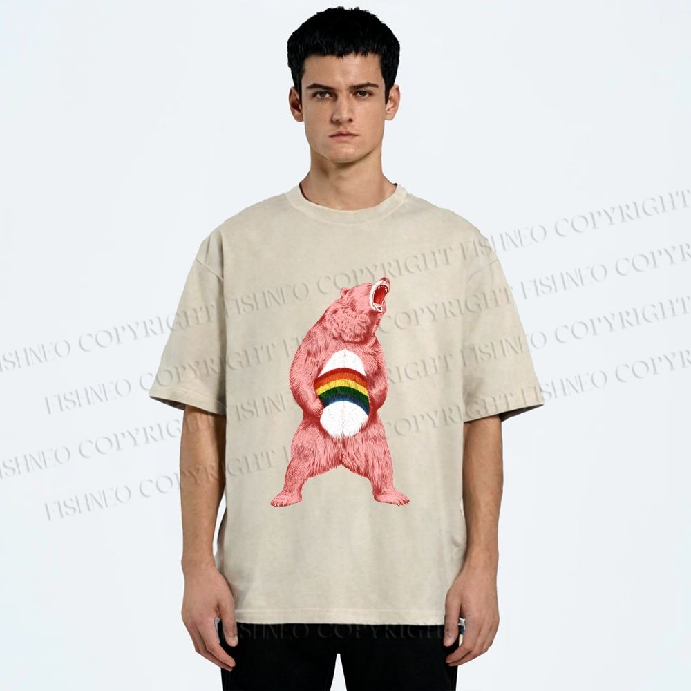 Unisex Pride Pink Bear Printed Washed Tee