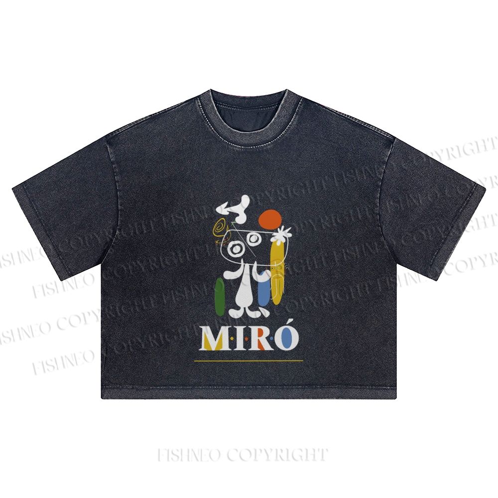 Joan Miró Style Dog Printed Washed Cropped T-Shirt