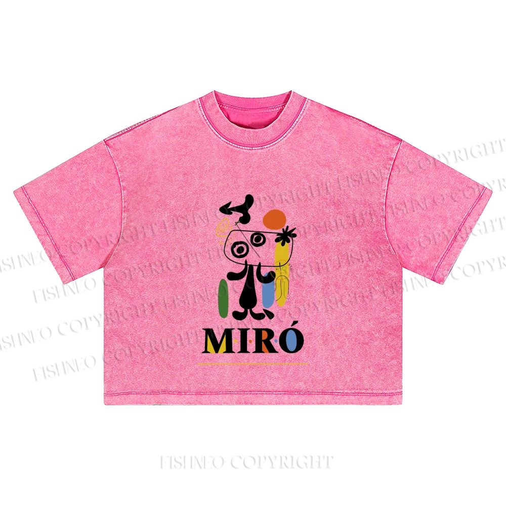 Joan Miró Style Dog Printed Washed Cropped T-Shirt