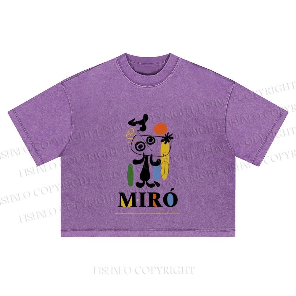 Joan Miró Style Dog Printed Washed Cropped T-Shirt