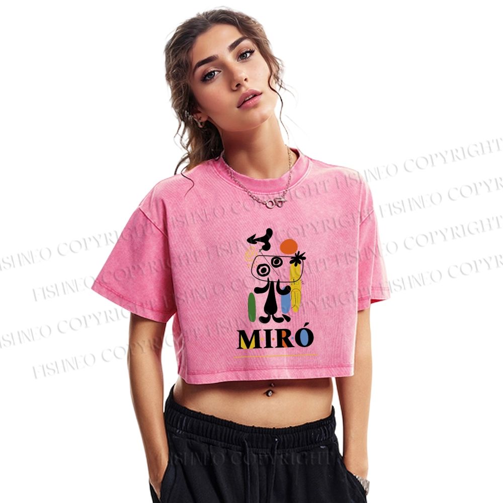 Joan Miró Style Dog Printed Washed Cropped T-Shirt