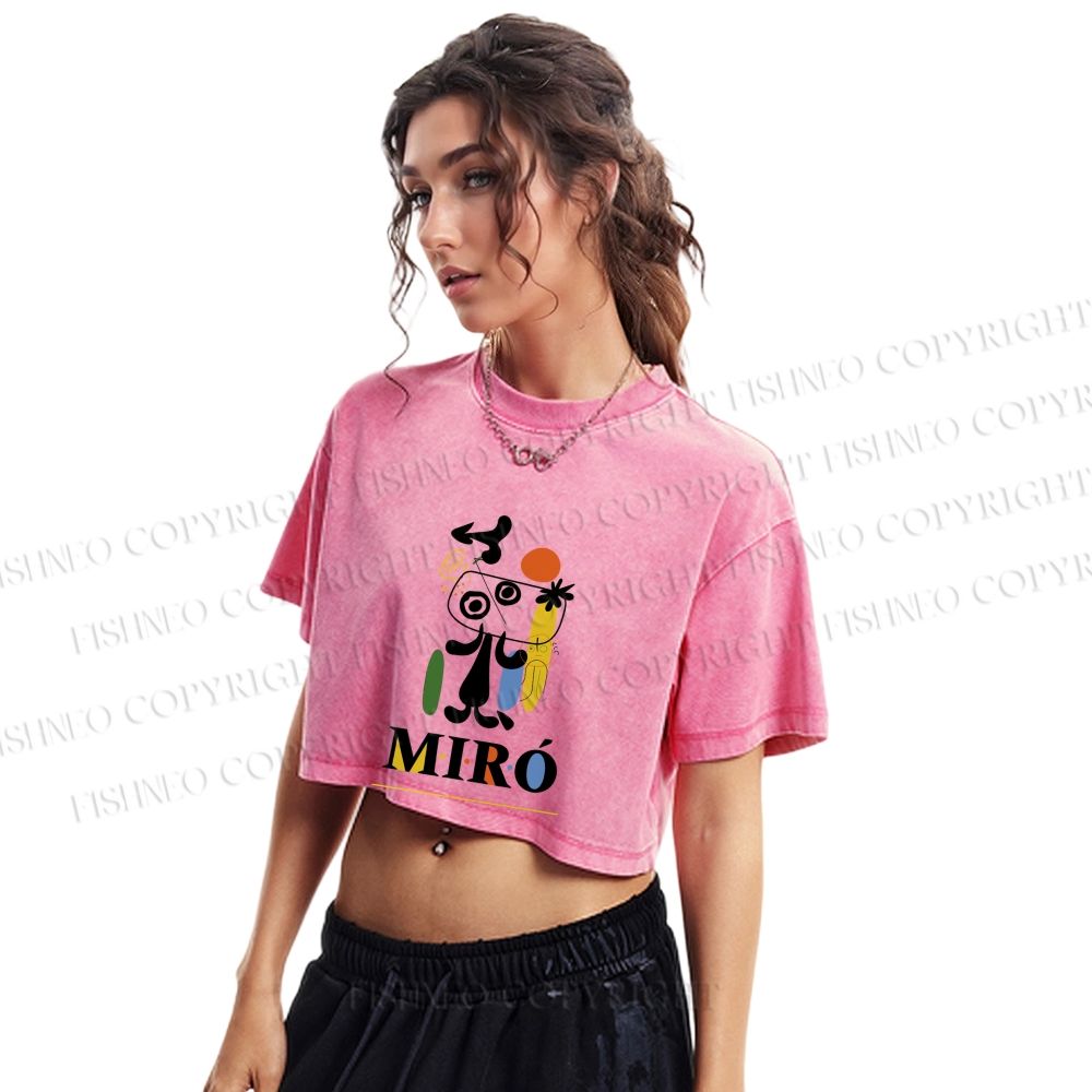 Joan Miró Style Dog Printed Washed Cropped T-Shirt