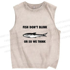 Unisex Fish Printed Washed Tank Top