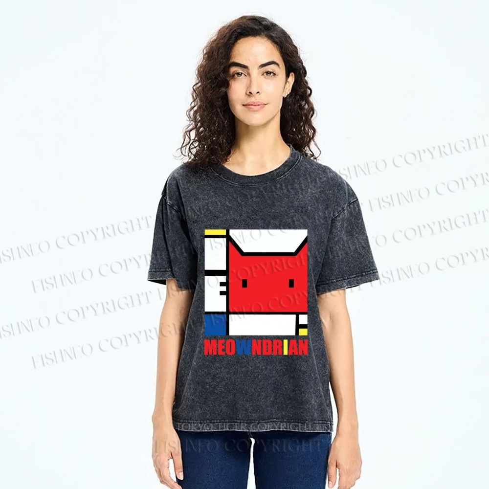 Unisex Meowndrian Printed Washed Tee