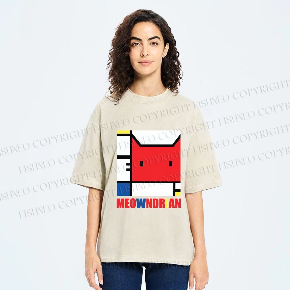 Unisex Meowndrian Printed Washed Tee