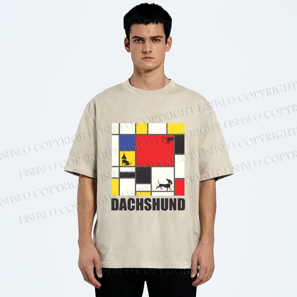 Unisex Mondrian Dachshund Printed Washed Tee