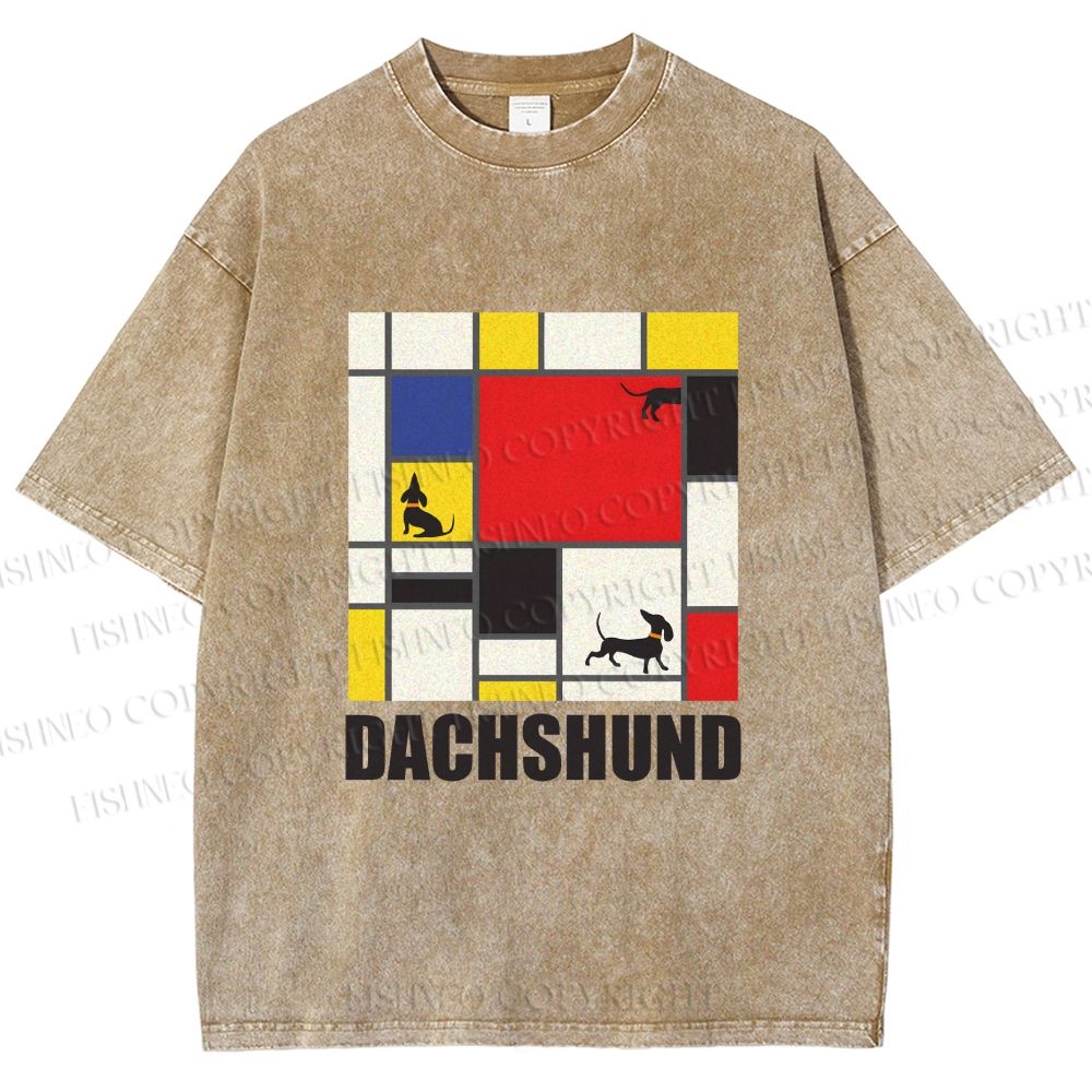 Unisex Mondrian Dachshund Printed Washed Tee