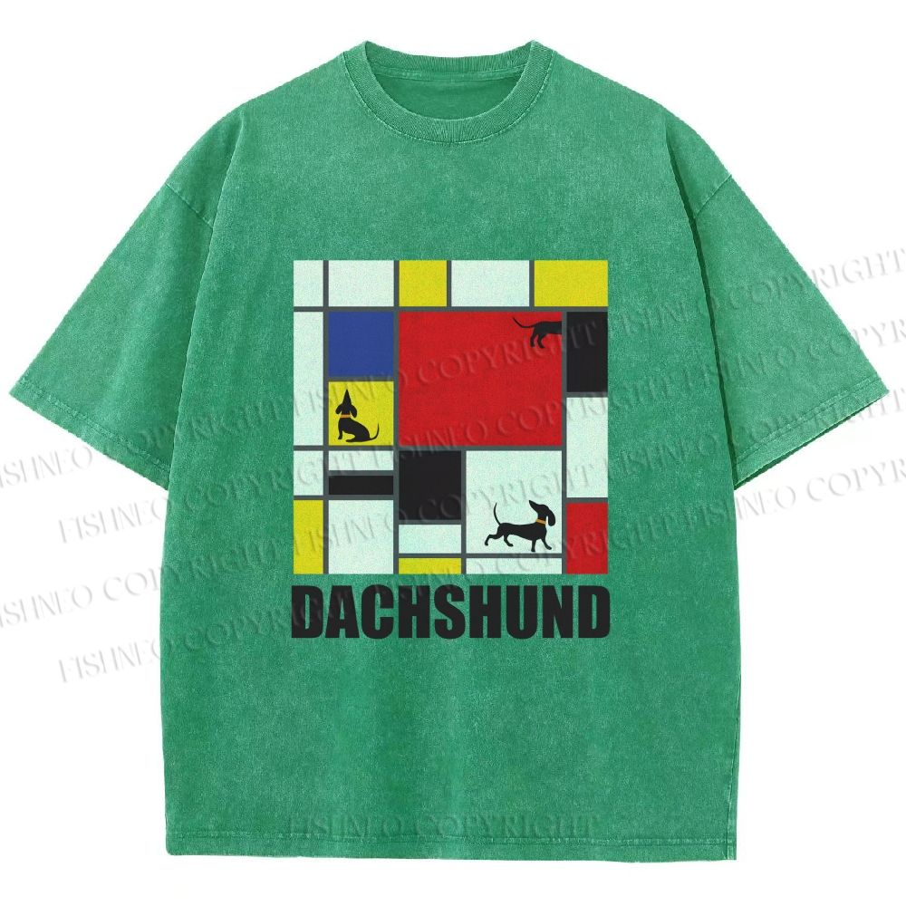 Unisex Mondrian Dachshund Printed Washed Tee