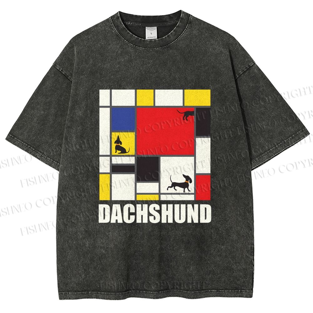 Unisex Mondrian Dachshund Printed Washed Tee