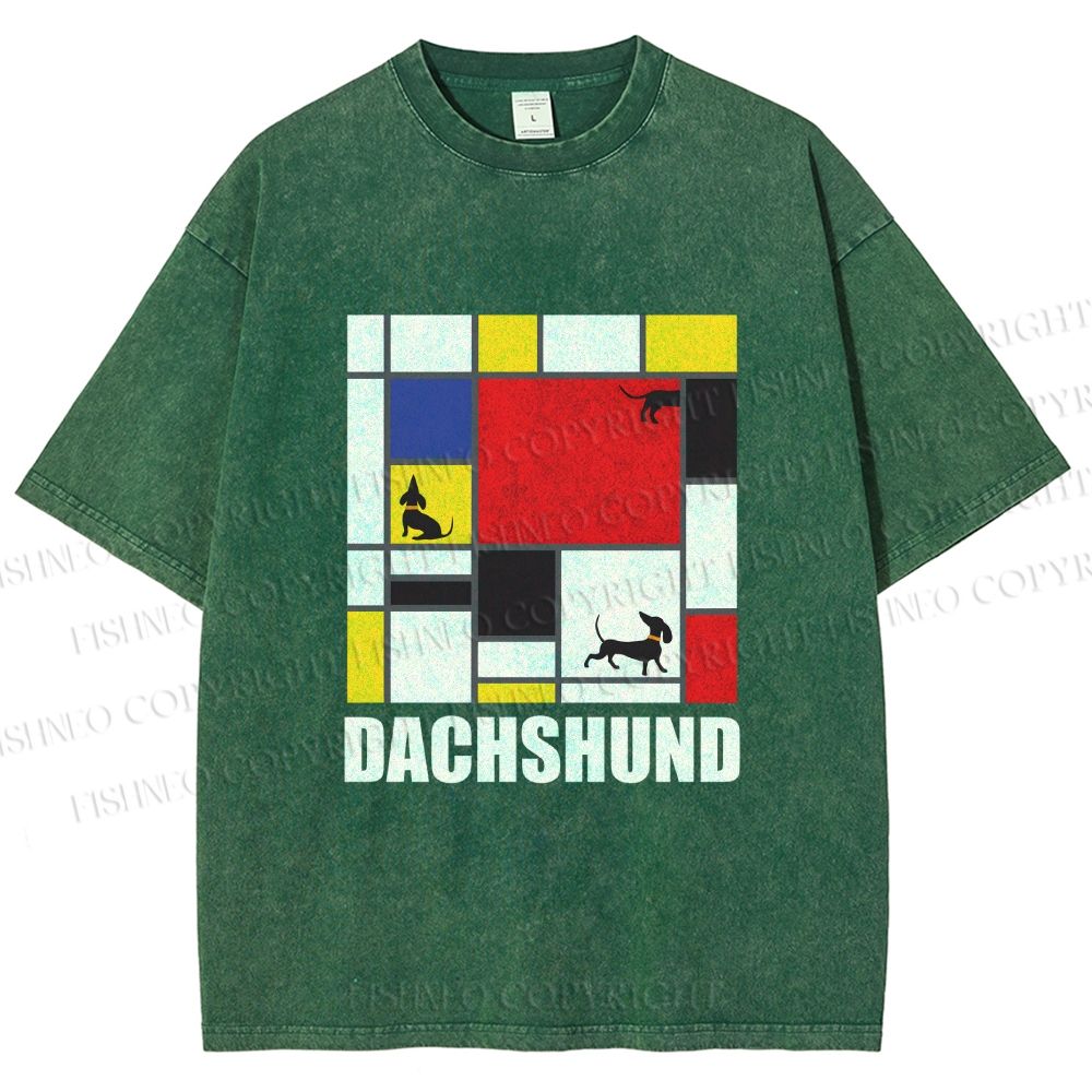 Unisex Mondrian Dachshund Printed Washed Tee