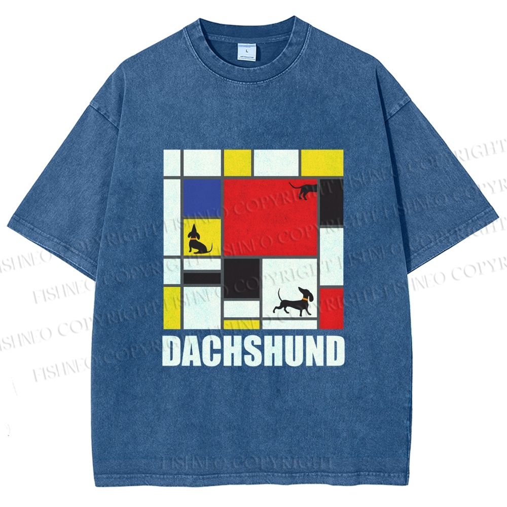Unisex Mondrian Dachshund Printed Washed Tee