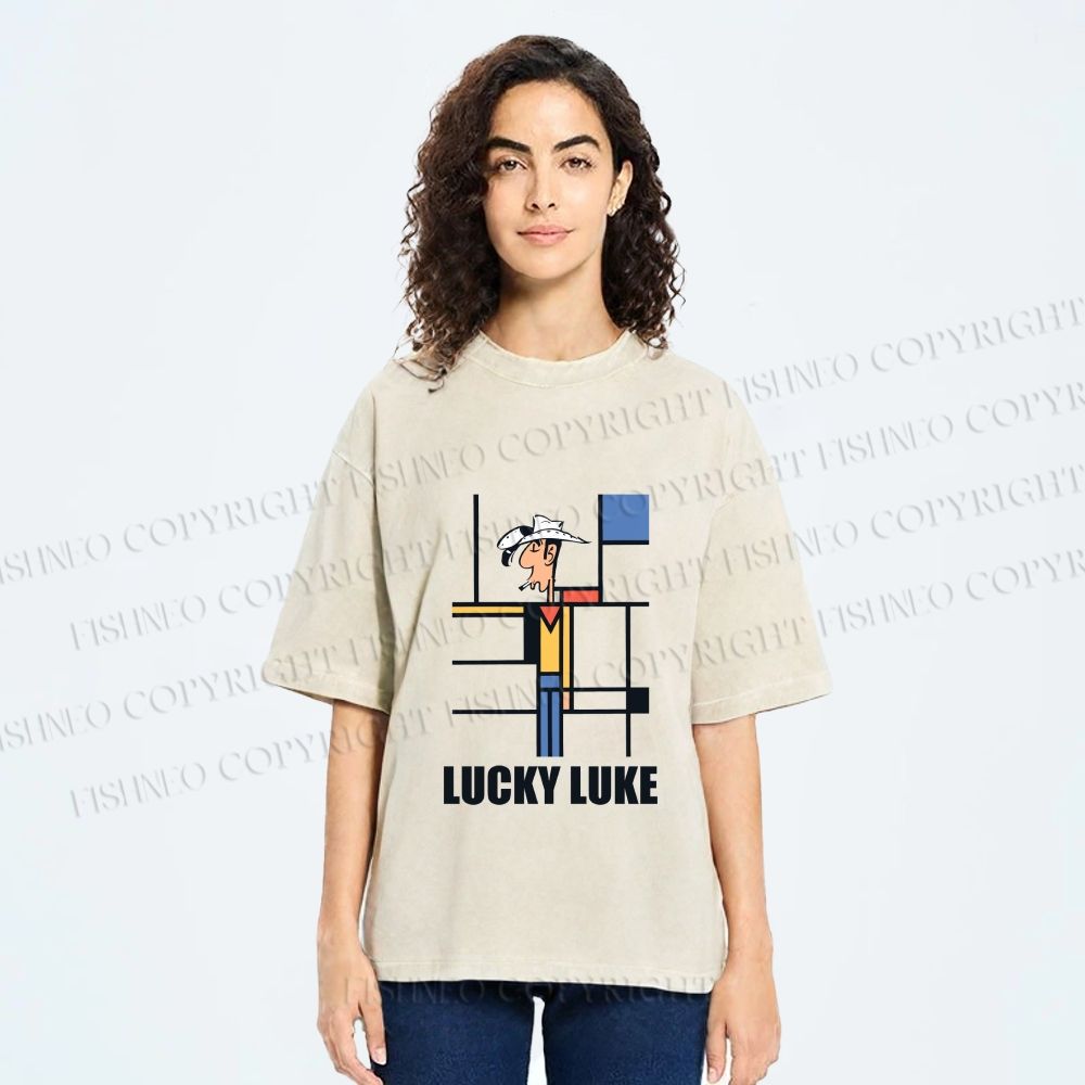 Unisex Lucky Luke Mondrian Printed Washed Tee
