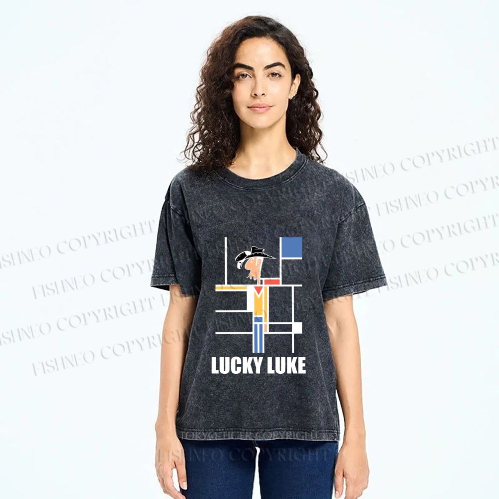 Unisex Lucky Luke Mondrian Printed Washed Tee