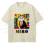 Unisex Joan Miro Style Black Cat Printed Washed Tee