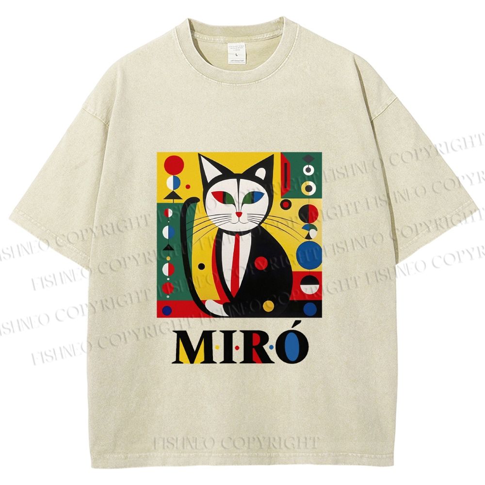 Unisex Joan Miro Style Black Cat Printed Washed Tee