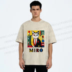 Unisex Joan Miro Style Black Cat Printed Washed Tee