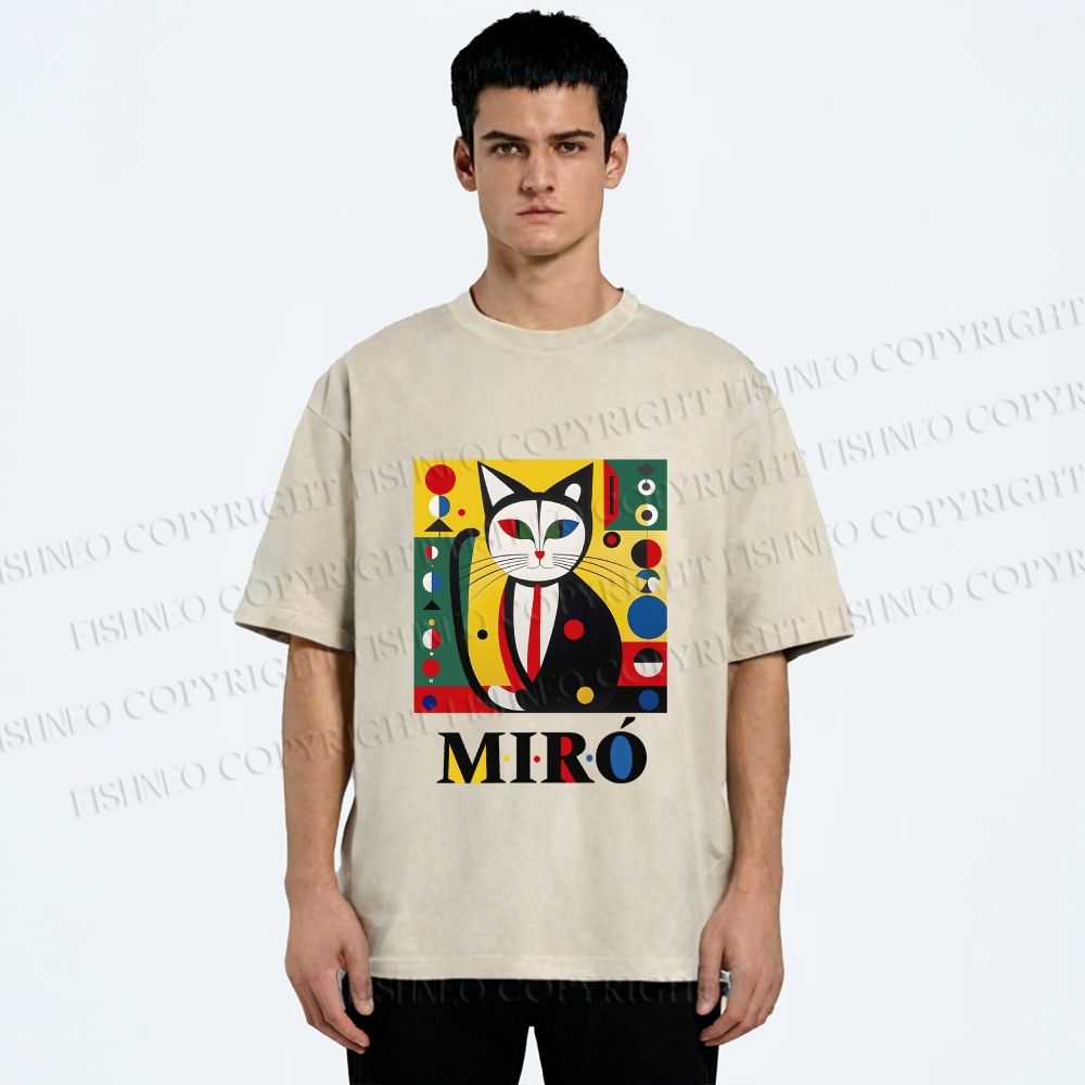 Unisex Joan Miro Style Black Cat Printed Washed Tee