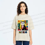 Unisex Joan Miro Style Black Cat Printed Washed Tee
