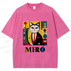 Unisex Joan Miro Style Black Cat Printed Washed Tee