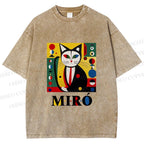 Unisex Joan Miro Style Black Cat Printed Washed Tee