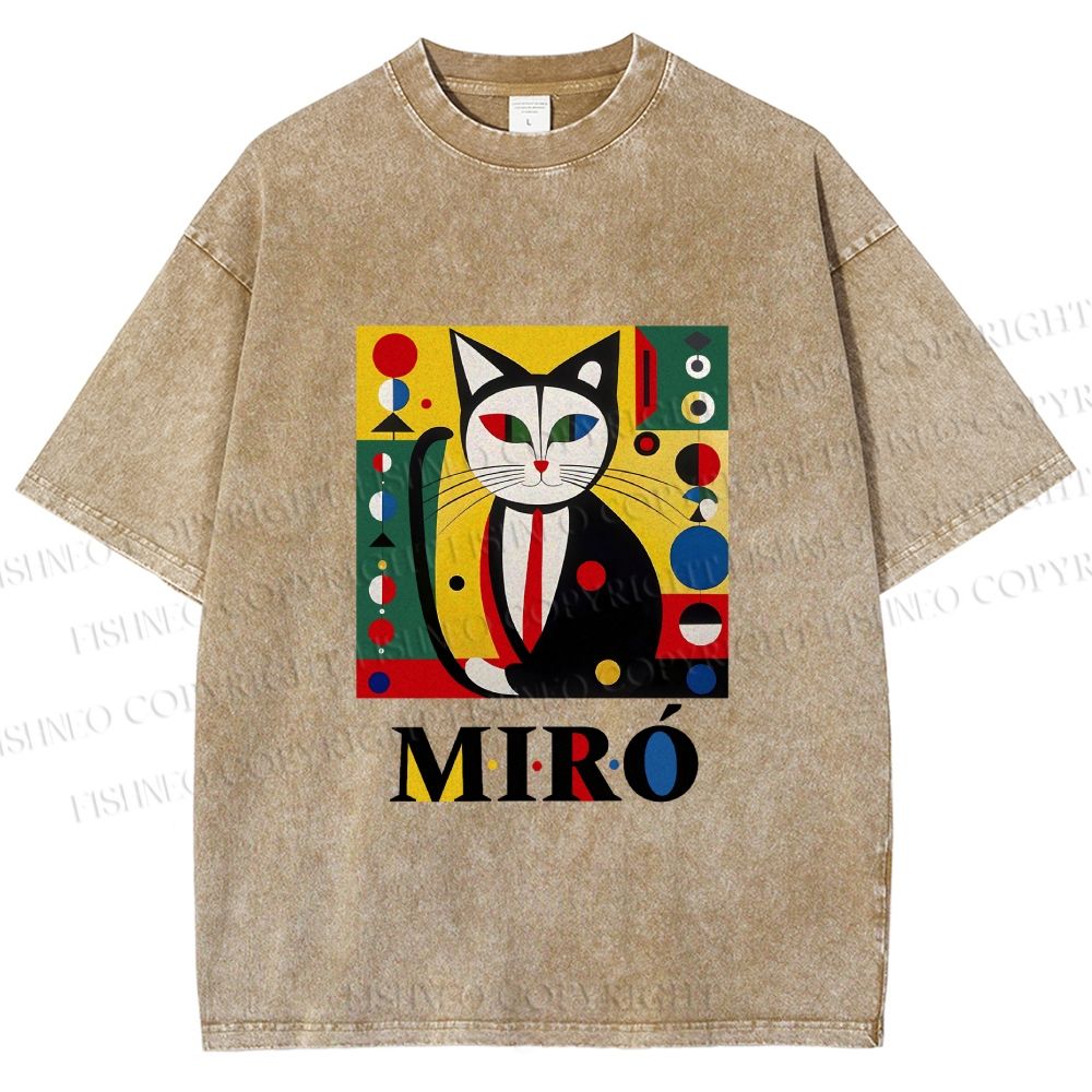 Unisex Joan Miro Style Black Cat Printed Washed Tee