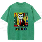 Unisex Joan Miro Style Black Cat Printed Washed Tee