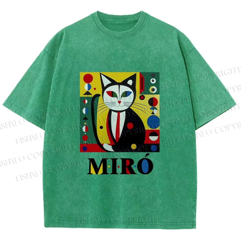 Unisex Joan Miro Style Black Cat Printed Washed Tee