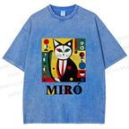 Unisex Joan Miro Style Black Cat Printed Washed Tee