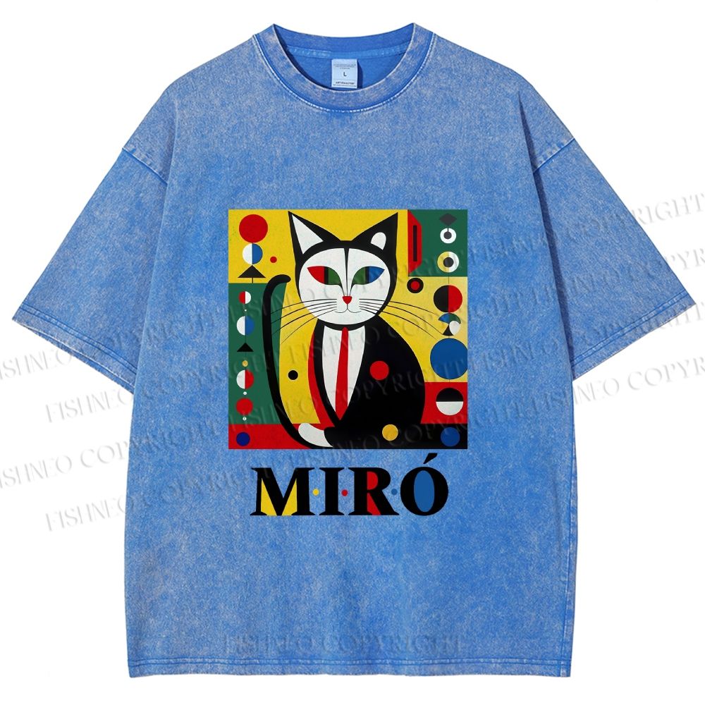 Unisex Joan Miro Style Black Cat Printed Washed Tee