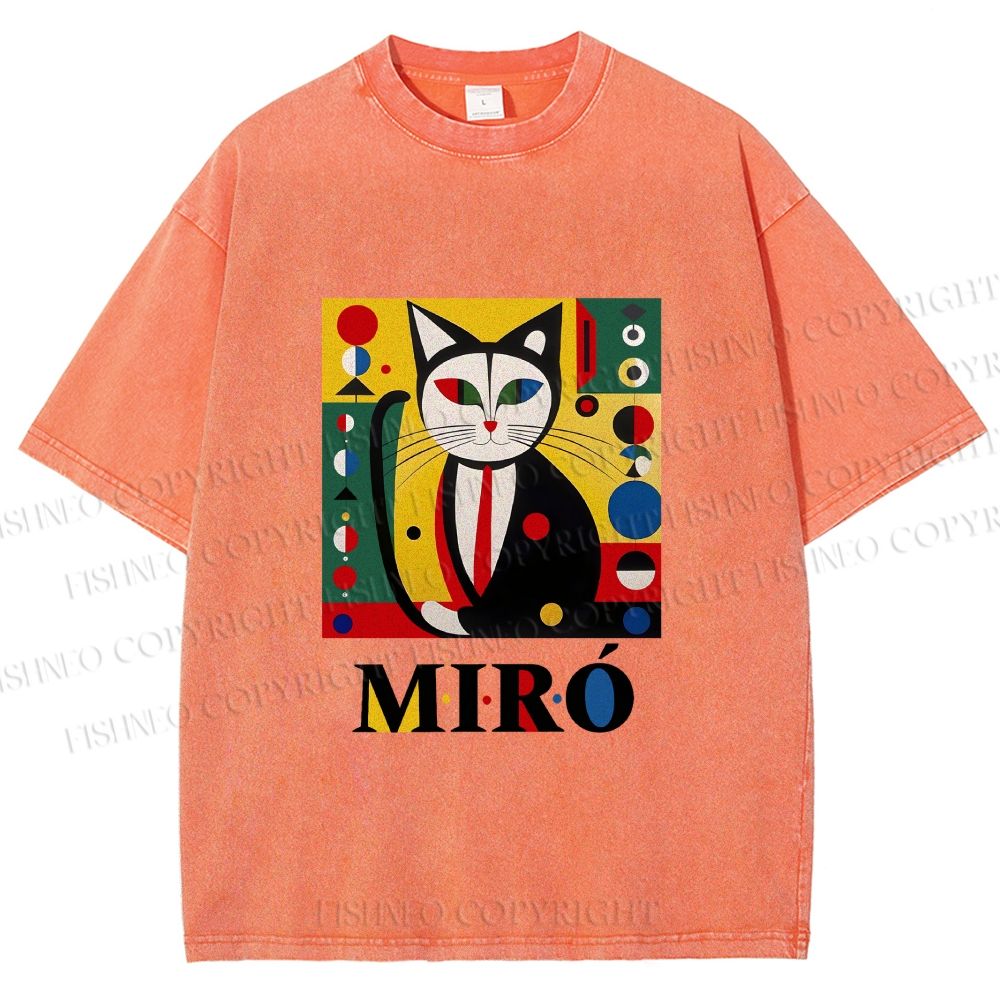 Unisex Joan Miro Style Black Cat Printed Washed Tee
