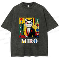 Unisex Joan Miro Style Black Cat Printed Washed Tee
