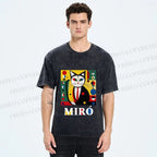 Unisex Joan Miro Style Black Cat Printed Washed Tee