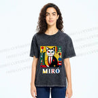 Unisex Joan Miro Style Black Cat Printed Washed Tee