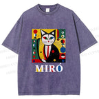 Unisex Joan Miro Style Black Cat Printed Washed Tee