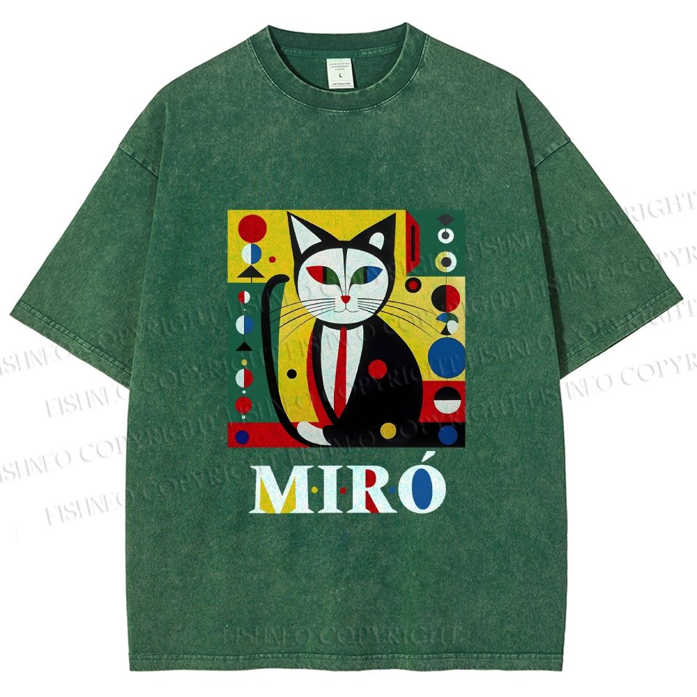 Unisex Joan Miro Style Black Cat Printed Washed Tee