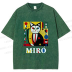 Unisex Joan Miro Style Black Cat Printed Washed Tee