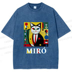 Unisex Joan Miro Style Black Cat Printed Washed Tee
