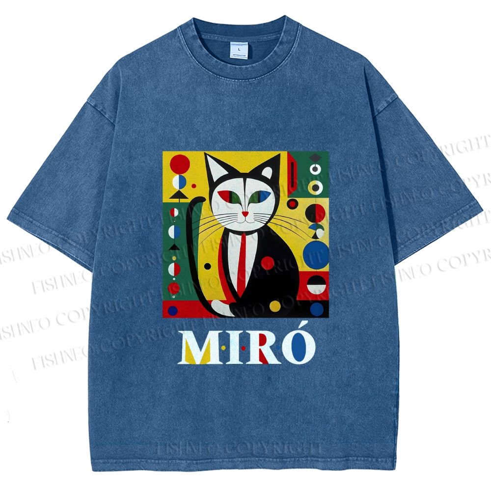 Unisex Joan Miro Style Black Cat Printed Washed Tee