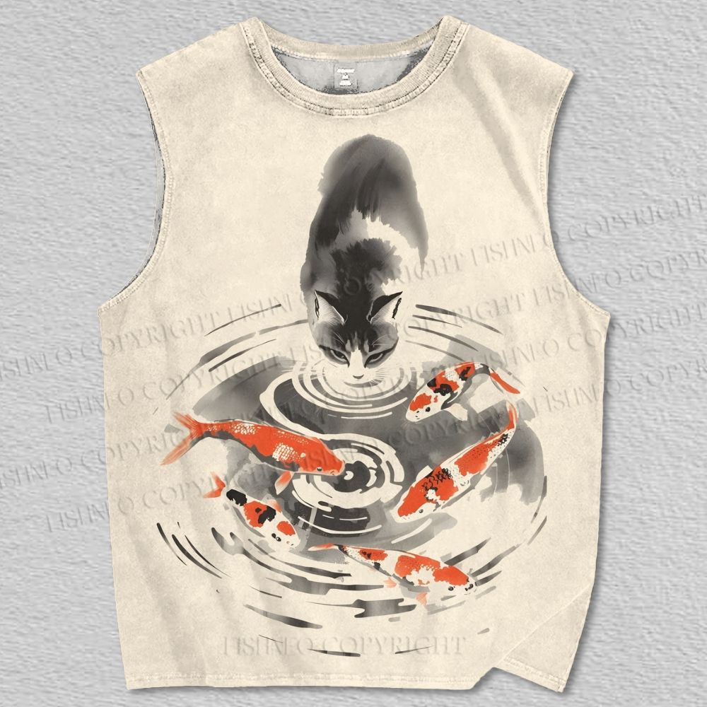 Unisex Cat With Koi Fish Ink Painting Printed Tank Top