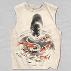 Unisex Cat With Koi Fish Ink Painting Printed Tank Top