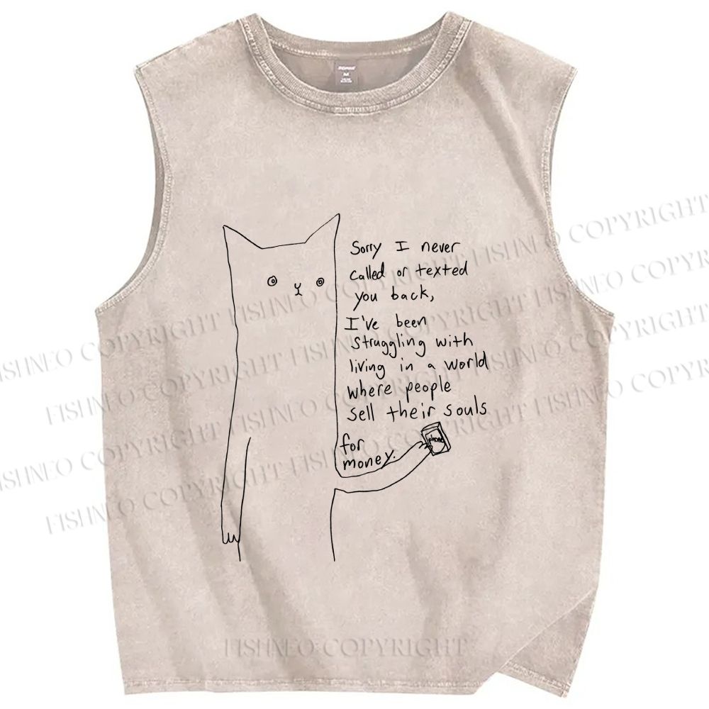 Unisex Line Cat Sorry For Never Call Printed Washed Tank Top
